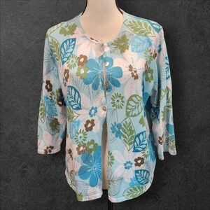 Alfred Dunner Floral Cardigan Button Front 3/4 Sleeve Top‎ Blue L